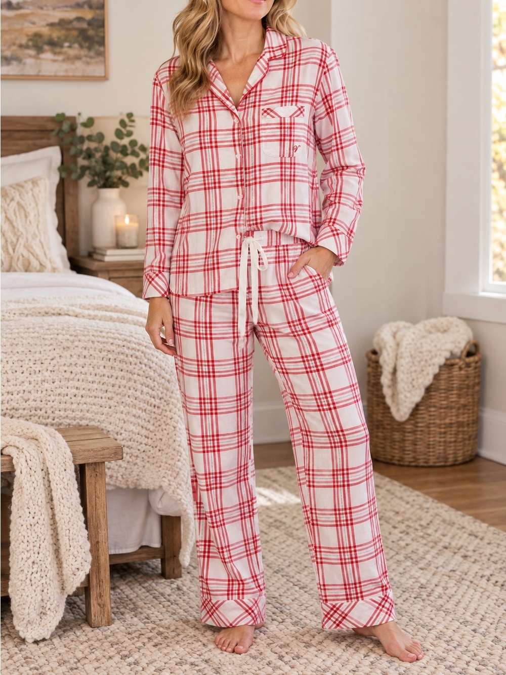 Victoria’s Secret Red Plaid Flannel Pajama Set Cotton Modal PJs Size Small Cozy